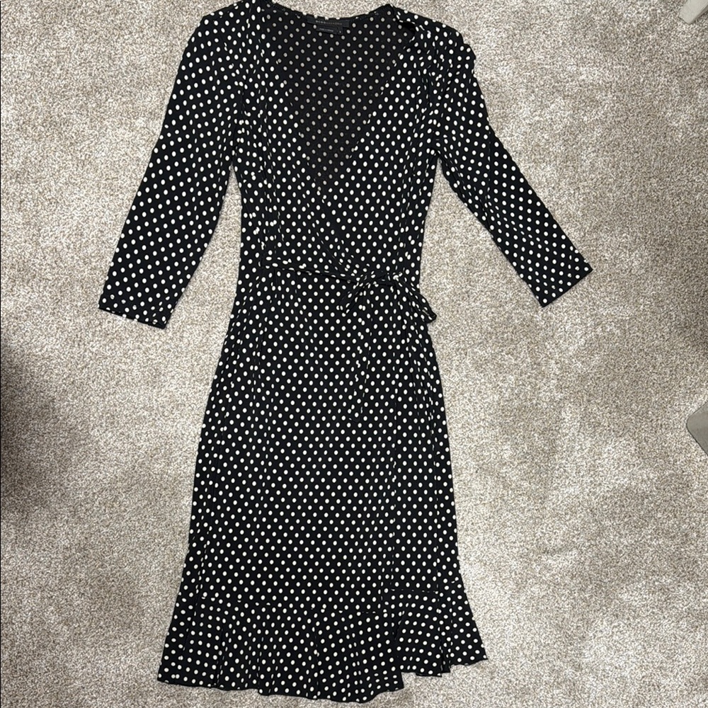 BCBGMaxAzria Black and White Ruffled Wrap Dress